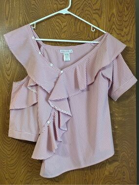 HWA Apparel Red and White Striped Off-Shoulder Ruffle Blouse